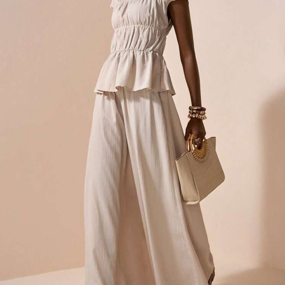 Elegant Cream Wide-Leg 2pc Pant Set